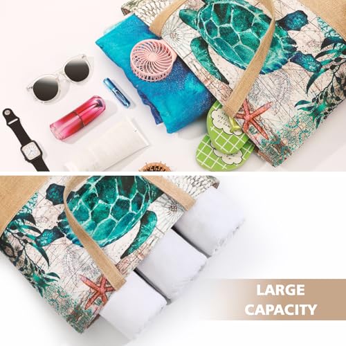 Trifabricy Beach Bag for Women, Large Beach Tote Bags with Zipper, Woven Straw Tote Waterproof, Swim Gym Shopping Travel Bag - color: Turtle