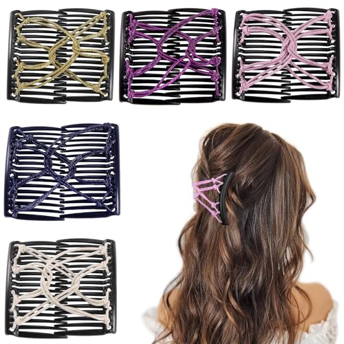 5 Pieces Stretchy Magic Adjustable Elastic Hair Comb Clips & Pins - No Crease Vintage Bun Makers for Women Girls, Curly Thick Wavy Ponytail Hair Accessories - color: Yellow,White,Pink,Purple,Navy blue