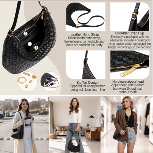 Shoulder Bag Handbag for Women Crossbody Tote Bags Woven Purse Clutch Women's Medium Underarm Hobo With Pocket Large - color: Black