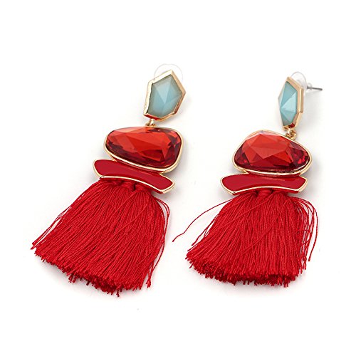 Vintage Long Tassel Drop Dangle Earrings Rhinestone Water Heart Leaf Shaped Boho Statement National Ethnic for Women Multicolor Boho Jewelry - color: Red