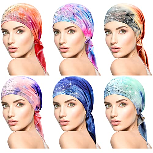 Geyoga 6 Pack Rhinestone Head Scarf for Women, Sequin Pre Tied Head Wraps, Stretchy Turban Cap for Hair Loss & Daily Wear(Tie Dye Style) - style: Tie Dye Style