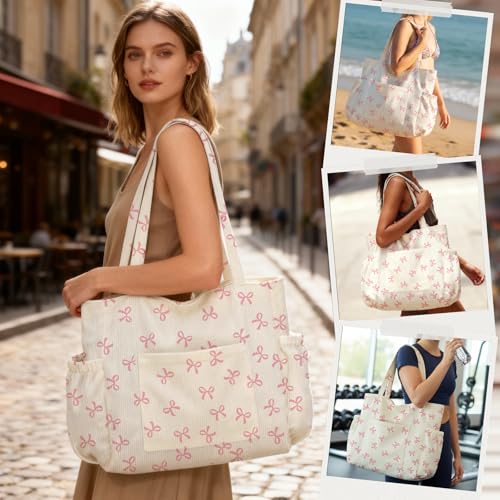 Corduroy Tote Bag for Women,Large Capacity Cute Tote Bags With 6 Pockets,Crossbody Shoulder Handbag for Work Travel Gym - color: Pink Bows