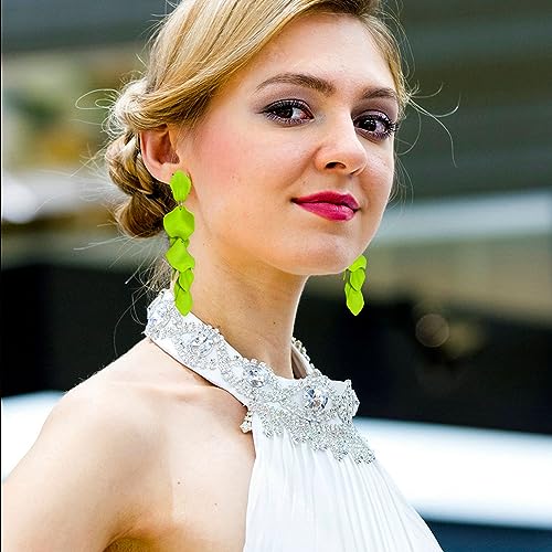 Long Acrylic Rose Petal Earrings Dangle Exaggerated Flower Earrings Drop Statement Floral Tassel Earrings for Women - color: Neon Green
