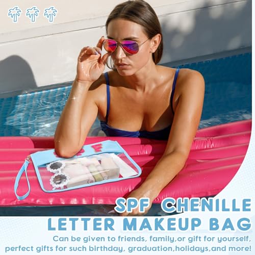 Hillban 2 Pcs Clear SPF Makeup Bag Chenille Letter Patch Sunscreen Bag Preppy Pouch Clear Cosmetic Toiletry Zipper Pouch Summer Beach Pool Sunscreen Purse - style: Spf Theme