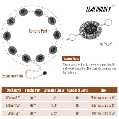 LEACOOLKEY Western Concho Chain Belt Women Boho Turquoise Gems Metal Waist Belt Cowgirl Gold Silver Chain for Dress Jeans - color: Color 12, size: Total 43.3": Fit for waist up to 34", style: Style 12