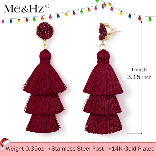 Me&Hz Colorful Layered Tassel Earrings Bohemian Statement Tiered Tassel Big Dangle Drop Earrings for Women Druzy Studs Valentine’s Day Gift - color: Burgundy