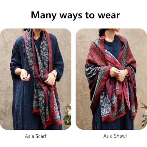 Paisley Pashmina Feel Shawls Wraps for Women Rave Scarf Soft Silky Exotic Boho All Seasons - color: Red