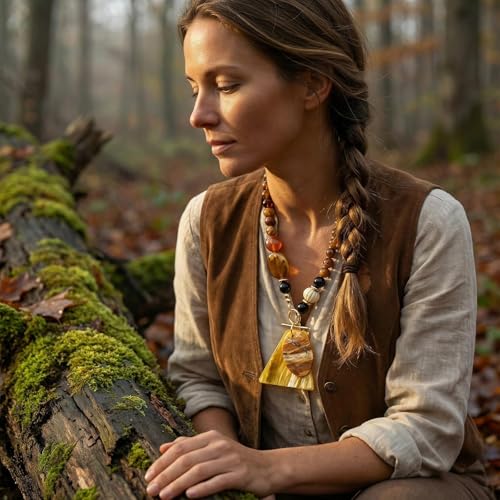 Boho Beaded Pendant Long Necklace for Women - Western Mixed Metal Necklace Style Jewelry Gift - color: Tri Stone