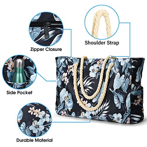 Becokan Beach Bag Large Beach Tote Bag for Women Waterproof Sandproof Swim Pool Bag With Zipper - color: Black Flower