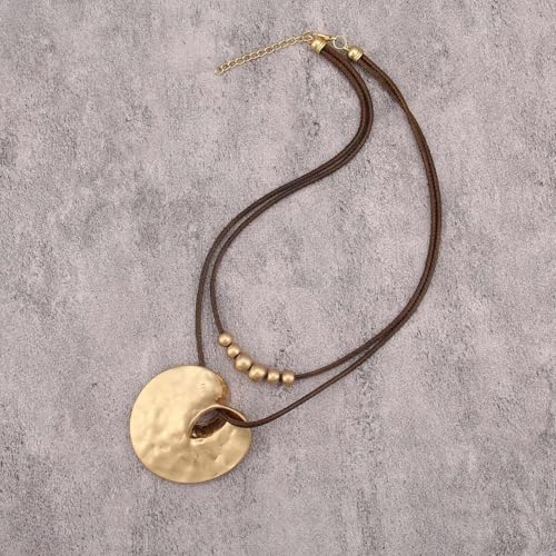 Boho Necklaces for Women Chunky Circle Necklace Layered Boho Circle Leather Choker Necklace Long Vintage Necklaces Bohemian Jewlery Gifts - style: Bohemian Style Necklaces