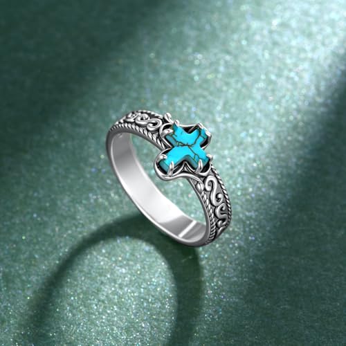 Real Genuine Turquoise Cross Ring 925 Sterling Silver Boho Style Christian Catholic Faith Jewelry Gift for Women - size: 9