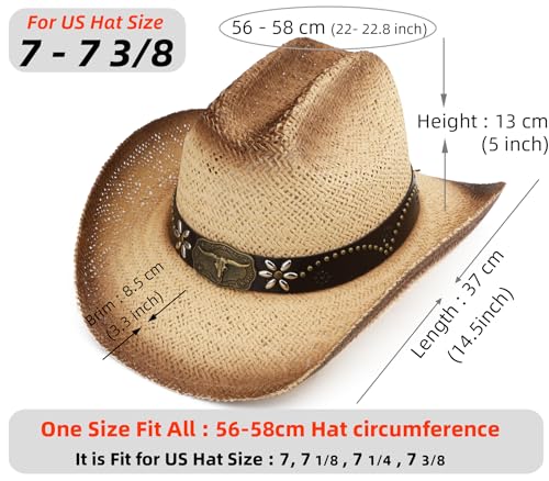 Straw Cowboy Hat, Western Cowgirl Hat, Wide Brim Sun Beach Hat for Men and Women - color: Beige-m28