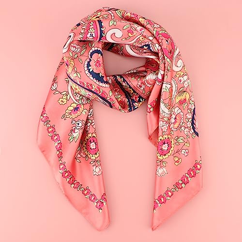 DRESHOW 35” Large Square Satin Head Scarf - 4Pcs Silk Accessories Classic Patterned Squares Beach Bandanas for Women - color: 4 Pcs: Navy, Pink, White, Beige