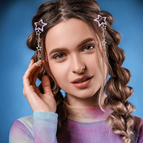 Pndeyo 2pcs Star Tassels Hair Clips for Women, Non-Slip 2000s Y2k Snap Barrettes, Cute Star Beaded Pendant Pin Accessories for Braid Long Short Thin Thick Hair - Purple - color: Purple-A Style