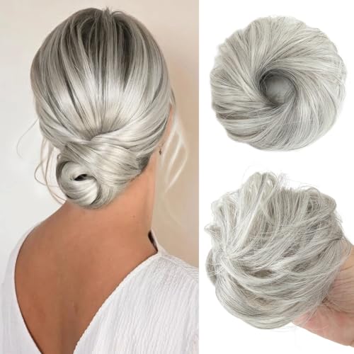 CJL HAIR 2PCs Small Cute Messy Bun Hair Piece for Thin Hair Women Mini Synthetic Curly Bun Scrunchies Updo Hairpieces Grey Multi - color: 2PCS-Grey Multi