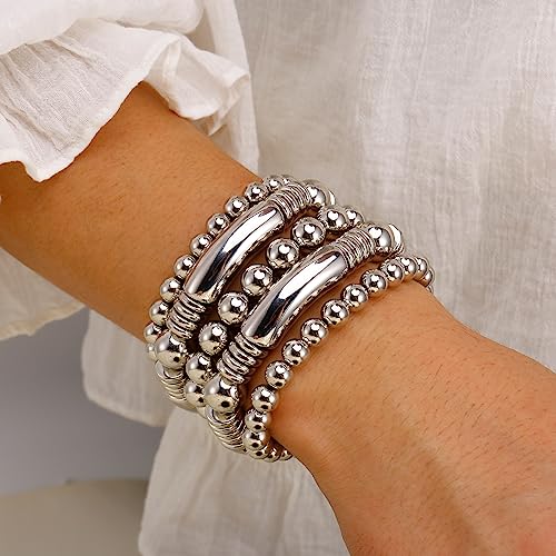 14K Gold Plated Bangles Bracelet for Women Chunky Curved Stacking Plated Bead Ball Stretchable Bracelets - color: Style-6
