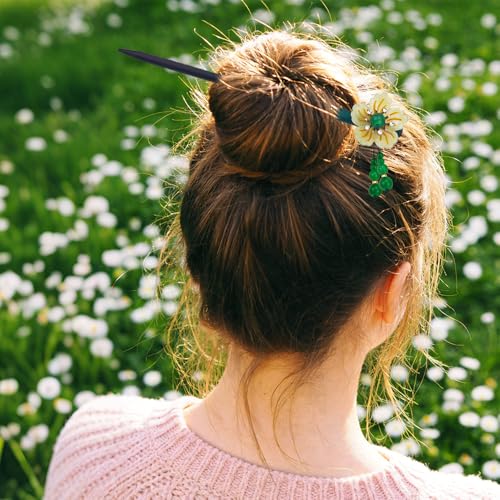 5PACK Japanese & Chinese Wooden Hair Sticks Elegant Flower Hair Chopsticks, Japanese Hair Pin for Bun, Updo & Traditional Hairstyles - color: Green