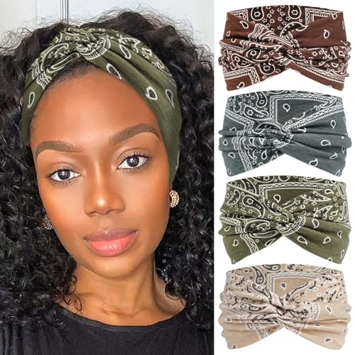 Boho Bandana Headband For Women Wide Headbands Knotted Turban Head Wraps Cute Head Scarf Hairband Paisley Fashion Hair Wrap Turban Bands Workout Bandana Hair Accessories For Women 4 Pack - color: Style 119