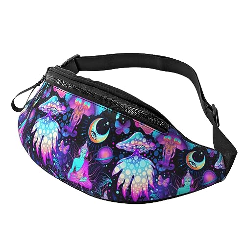 Magic Mushrooms Psychedelic Colorful Hippie Boho Fashion Casual Fanny Pack Waist Bag Men Women Adjustable Belt Waist Bag For Travel Hiking Cycling Running Festival Carnival - color: Black16