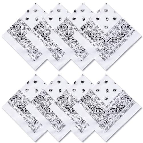 Raylarnia 8 PCS 100% Cotton Bandanas, 22 Inchs Multi-Purpose Bandana Scarfs Headbands for Men and Women - color: 8-white