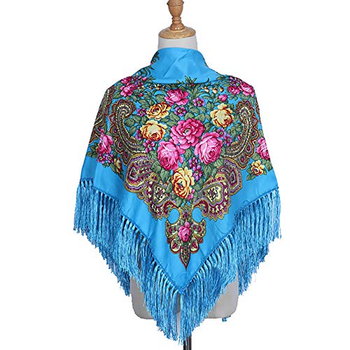 Gudessly Women's Traditional Scarf Wrap Tassel Fringes Neck Head Shawl Retro Scarf Floral Poncho Printing Square Cape 50inch - color: Sky Blue
