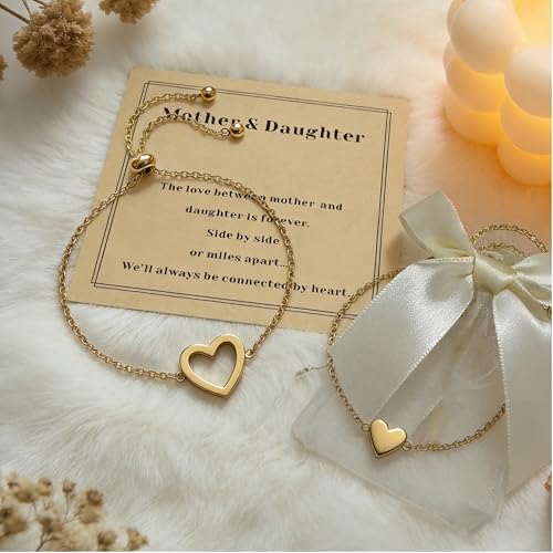 Mother Daughter Bracelets 18K Gold Plated for Mothers Day Birthday Friend Gifts, Heart Jewelry Mommy and Me Bracelets for Women, Adjustable Matching Friendship Bracelets