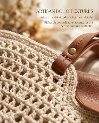 Crochet Beach Bags for Women, Reinforced Strap Woven Tote Bag with Zipper, Lined Boho Summer Vacation Travel Purse - color: Beige