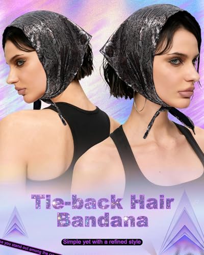 Punk Triangle Head Scarf with Metal Charms - Y2K Sparkly Bandana for Women | Vintage Neck Scarf for Festival Party Concert - color: Snake Black