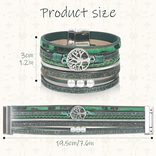 Leather Wrap Bracelet for Women, Boho Cuff Bracelet with Strong Clasp, Multi-Layer Crystal Leather Bracelet for Valentine Mother's Day - color: 02-Tree of Life-Green