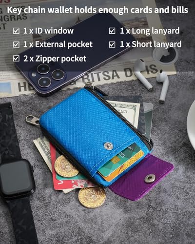 Artpaxy Minimalist Wallet For Mens Womens, Keychain RFID Blocking Zipper Small Wallet with ID Window 2 Lanyards,Water Resistant Travel Cash Card Coin Case Boys Girls - color: Sky blue+Purple, style: Casual