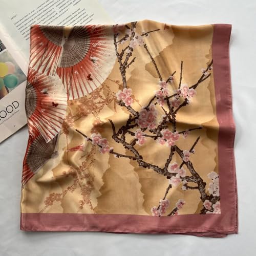 Julunar Silk Like Head Scarf for Women - Satin Large Hair Scarves - 35" Square Silk Hair Wrap for Sleeping with Gift Packed - color: A000-4 Folding Fans Pink