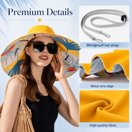 HUAMULAN Women Summer Sun Hat Wide Brim Wired Edge Floral Beach Bucket Hats Reversible Foldable Travel UV Protection Lady Hat - color: Bg8240-yellow