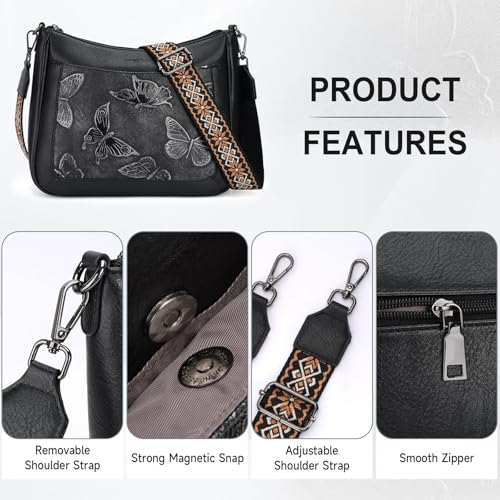 KITEVIUN Crossbody Bags for Women Trendy, Vegan Leather Medium Butterfly Hobo Purse, Women's Shoulder Handbags - color: 07-black
