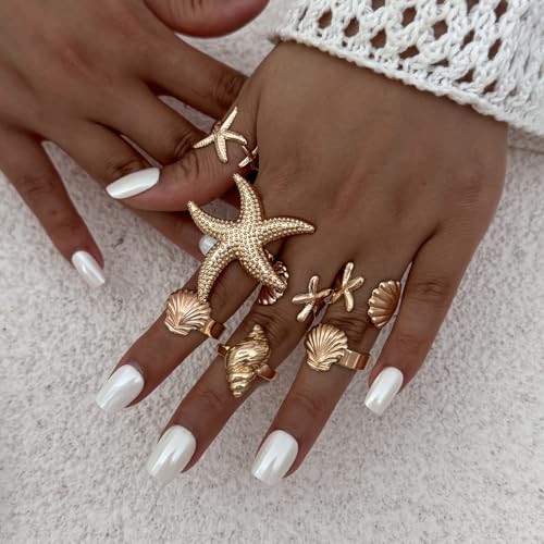MIFYNN Chunky Gold Starfish Seashel Ring for Women Dainty Conch Pearl Ring Set Boho Ocean Stackable Rings Fashion Adjustable Beach Statement Rings Set Summer Charm Jewelry for Women - color: Gold-7Pcs