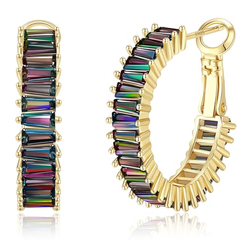 Trendy 14K Gold Plated Hoop Earrings for Women, Chunky Gold/Silver Earrings for Women Cubic Zirconia Baguette Hoop Earrings Heart Hoops Lightweight Hypoallergenic Jewelry,25mm/35mm/40mm/50mm - color: 01 Gold Mystic Rainbow Hoops 25mm
