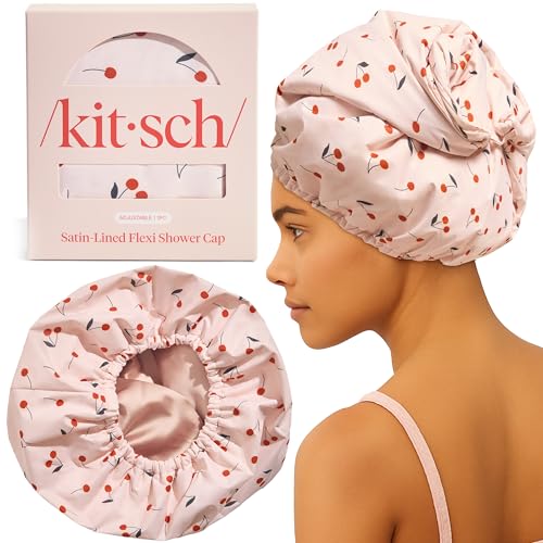 Kitsch Luxury Shower Caps for Women Reusable Waterproof - Large Shower Cap for Women, Non-slip, Quick-dry Hair Cap for Long and Short Hair, Comfortable and Stylish Design - Cherry Print - color: Cherry Print