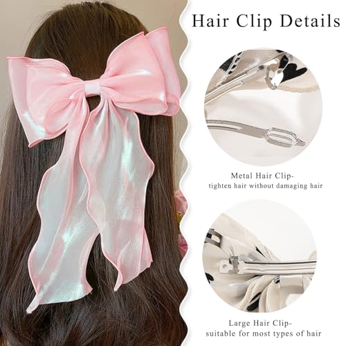 Large Hair Bow Clips for Women,Black Pink Bow Hair Barrettes with Long Tail French Hair Ribbon Clips Hair Accessories for Girls (Black,Light Pink) - color: Black,Light Pink