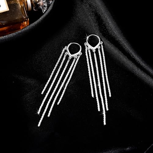 Long Dangle Earrings for Women 925 Sterling Silver/14K Gold Plated Tassel Chain Dangle Drop Earrings for Women Dainty Minimalist Dangling Drop Earrings for Prom Party Jewelry - style: Chain-4-Silver