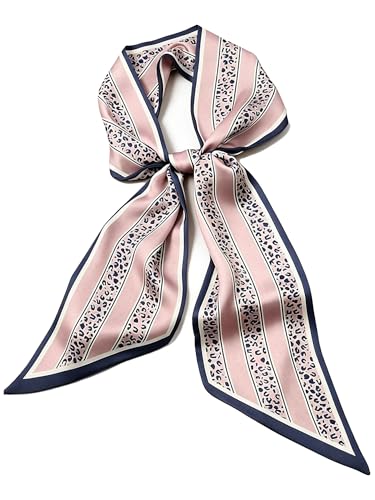 kcctoo 59" Mulberry Silk Like Head Scarf Women's Fashion Square Neck Satin Scarfs for Bag Hair Scarves Gift 59 * 5.9” - color: B009-pink & Navy Leopard