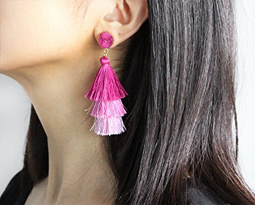 Me&Hz Colorful Layered Tassel Earrings Bohemian Statement Tiered Tassel Big Dangle Drop Earrings for Women Druzy Studs Valentine’s Day Gift - color: Pink ombre