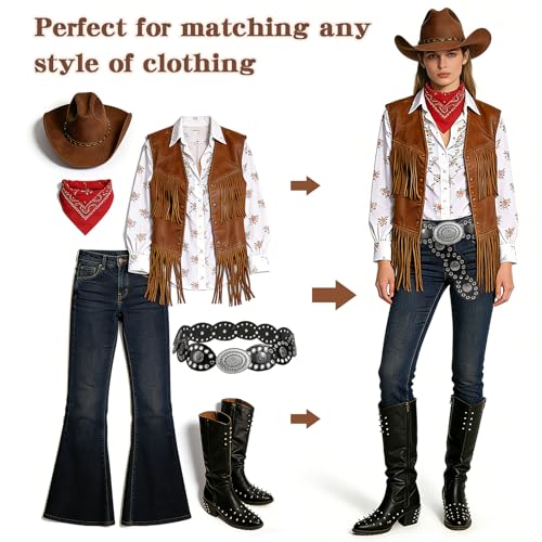 Leather Western Boho Belts for Woman, 53.1inch Concho Vintage Belt for womens Dress Jeans, Country Black