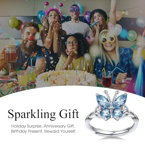 Bestyle 925 Sterling Silver Butterfly Ring Hypoallergnic Adjustable Birthstone Rings for Women Butterfly Jewelry Gifts for Anniversary Mothers' Day Birthday - color: 03.March(Aquamarine)-Ring