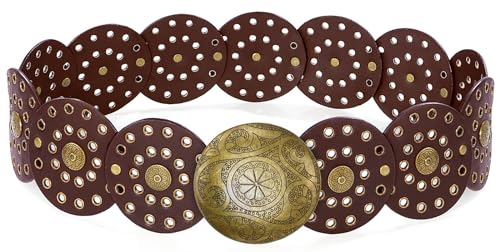 Wide Disc Belt for Women Vintage Leather Hollow Out Round Belt Western Waist Belt - color: Copper Brown, size: XL (59.1 in)