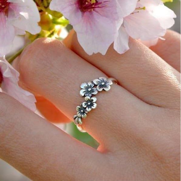 Vintage Blooming Wild Floral Ring Index Finger Ring Retro Daisy Flower Hawaiian Vine 925 Sterling Silver 4 Plumeria Flowers Wedding Band Ring for Women Boho Ring Jewelry Gift 9# - size: 9#