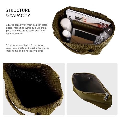 Woven Tote Bag Womens Purse Vegan Leather Shoulder Handbags Fashion Summer Beach Tote Bags Large Travel Totes - color: Olive Green