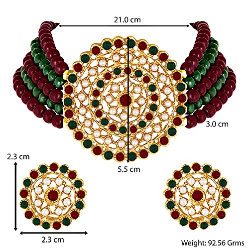 Aheli Pearl Diamond Choker Necklace & Round Earrings Gift for Women Indian Traditional Bollywood Fashion Bharatanatyam jewellery set - color: Green & Red
