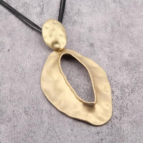 GelConnie Leather Necklace for Women Large Pendant Long Brown Necklace Circle Leather Choker Vintage Sweater Necklace Gold Chunky Boho Necklaces for Women - style: Big Gold Long Necklace