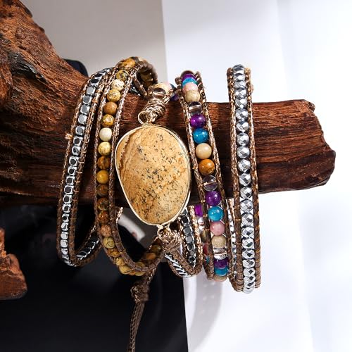 Women Wrap Bracelet Boho Natural Jasper Crystal Stone Beads Strand Bracelets - color: Picture Stone