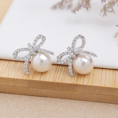 Pearl Earrings for Women, Trendy Dainty Cubic Zirconia Piercing Hypoallergenic CZ Earring Prom Holiday Fashion Jewelry Gift. - color: Silver Pearl