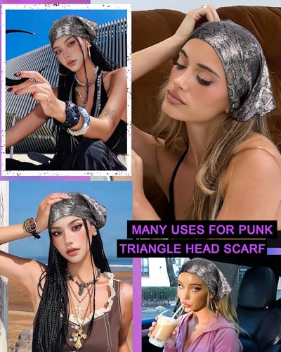 Punk Triangle Head Scarf with Metal Charms - Y2K Sparkly Bandana for Women | Vintage Neck Scarf for Festival Party Concert - color: Snake Black